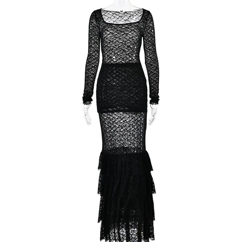 Conjunto de dos piezas apiladas de encaje transparente para mujer, traje de Falda plisada con cuello cuadrado, vestido largo blanco y negro, chica picante, lo más nuevo en Stock