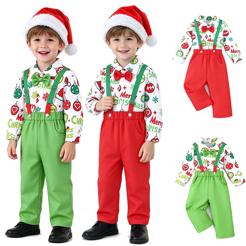 Toddler Boys Christmas Suspender Outfit Holiday Formal Gentleman Suit Xmas Party Performance Family Photos Holiday Kids Clothes