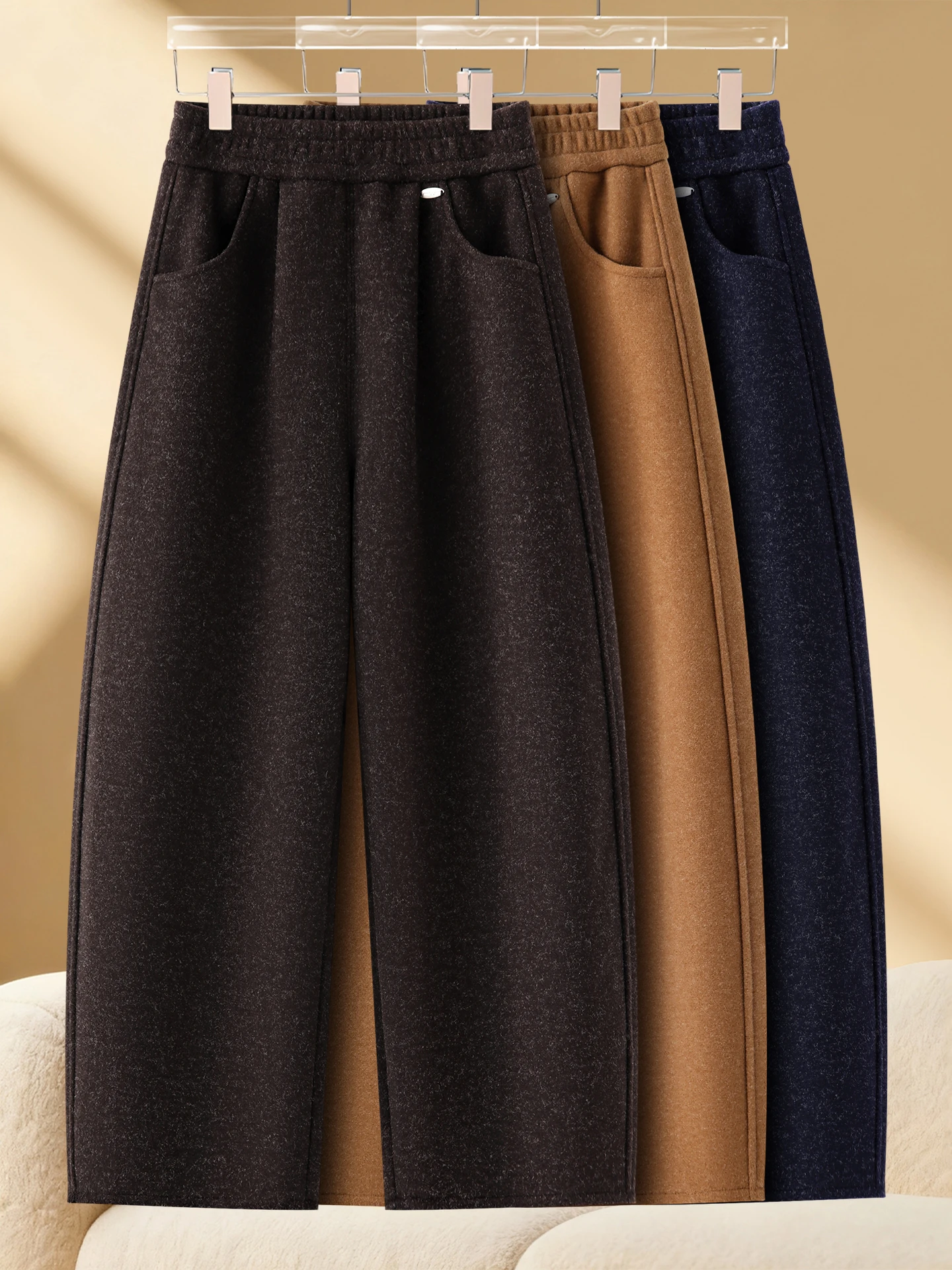 

Women's High Waist Fleece Lined Woolen Harlan Pants Autumn Winter Casual Straight Leg Pants Slimming Nine Points