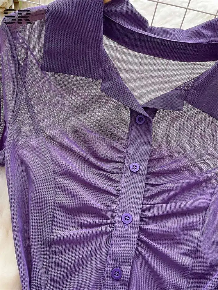 

BabYoung Autumn Sexy T-Shirt Women Long Sleeve Turn-Down Collar Single Breasted Blouse Fashion 2024 Basics Streetwear Sheer Top