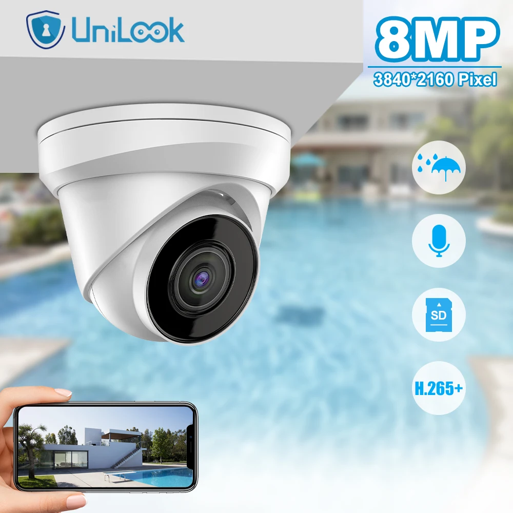 

UniLook 8MP Turret POE IP Outdoor Camera with SD Card Slot Built-in Microphone IP67 Waterproof Security CCTV Camera H.265 P2P