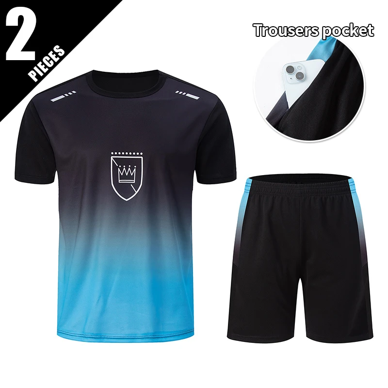 طقم مكون من قطعتين من ملابس عصرية للرجال للربيع والصيف طقم شورت رياضي سريع الجفاف بأكمام قصيرة وسراويل جيب رياضية غير رسمية