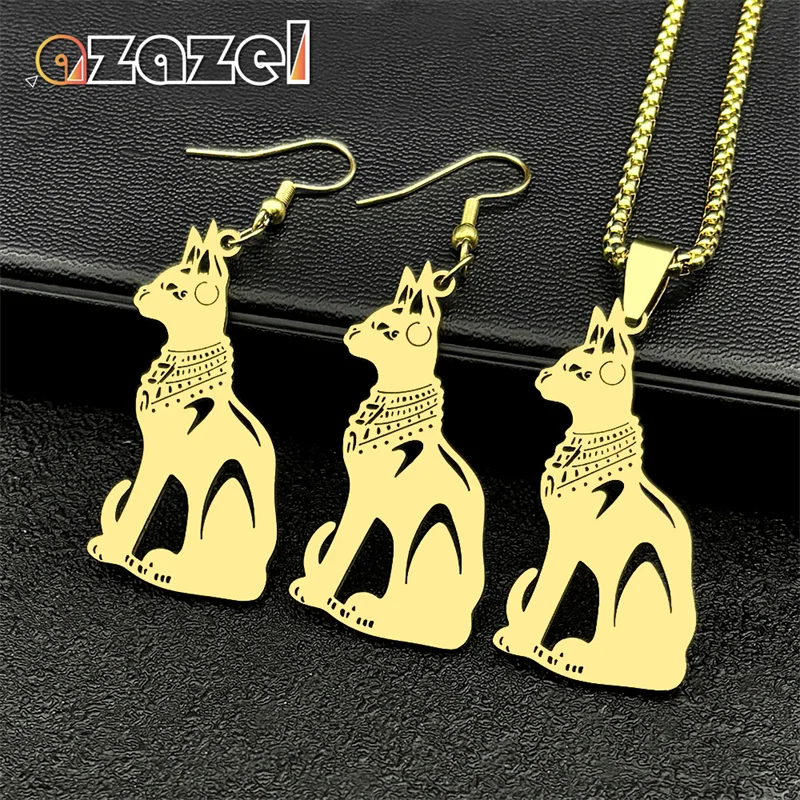 

Egyptian Cat Goddess Bastet Necklace Earring Set Stainless Steel Gold Color Ancient Mystic Egypt Vintage Jewelry Set 3483