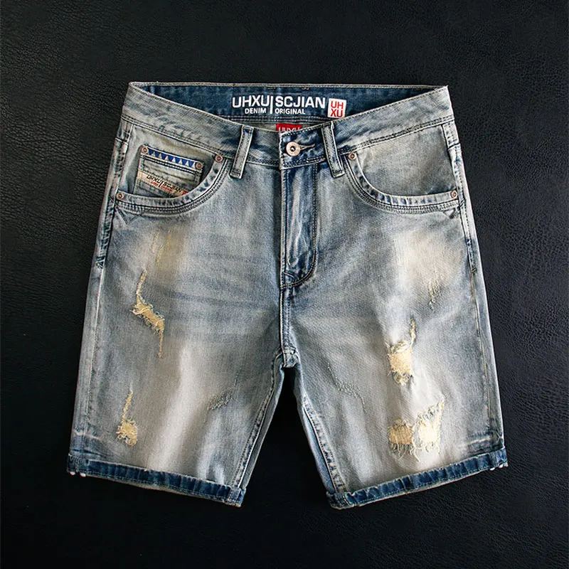 

Y2KStreet Fashion Men's Split Jeans High Quality Elastic Slim Fit Jeans Men's Patch Designer Retro Blue Denim Shorts Hombre