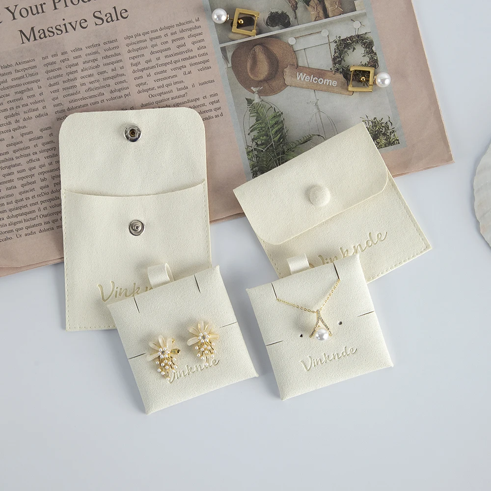 Ivory Velvet Microfiber Jewelry Pouch Insert Cards Personalized Logo Necklace Earrings Packaging Bags Display Card Wedding Gift