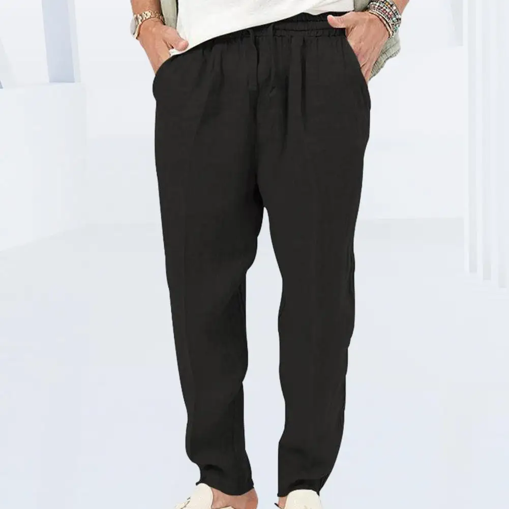 

Men Mid-rise Elastic Waistband Drawstring Long Pants Straight Leg Pockets Solid Color Casual Trousers Streetwear