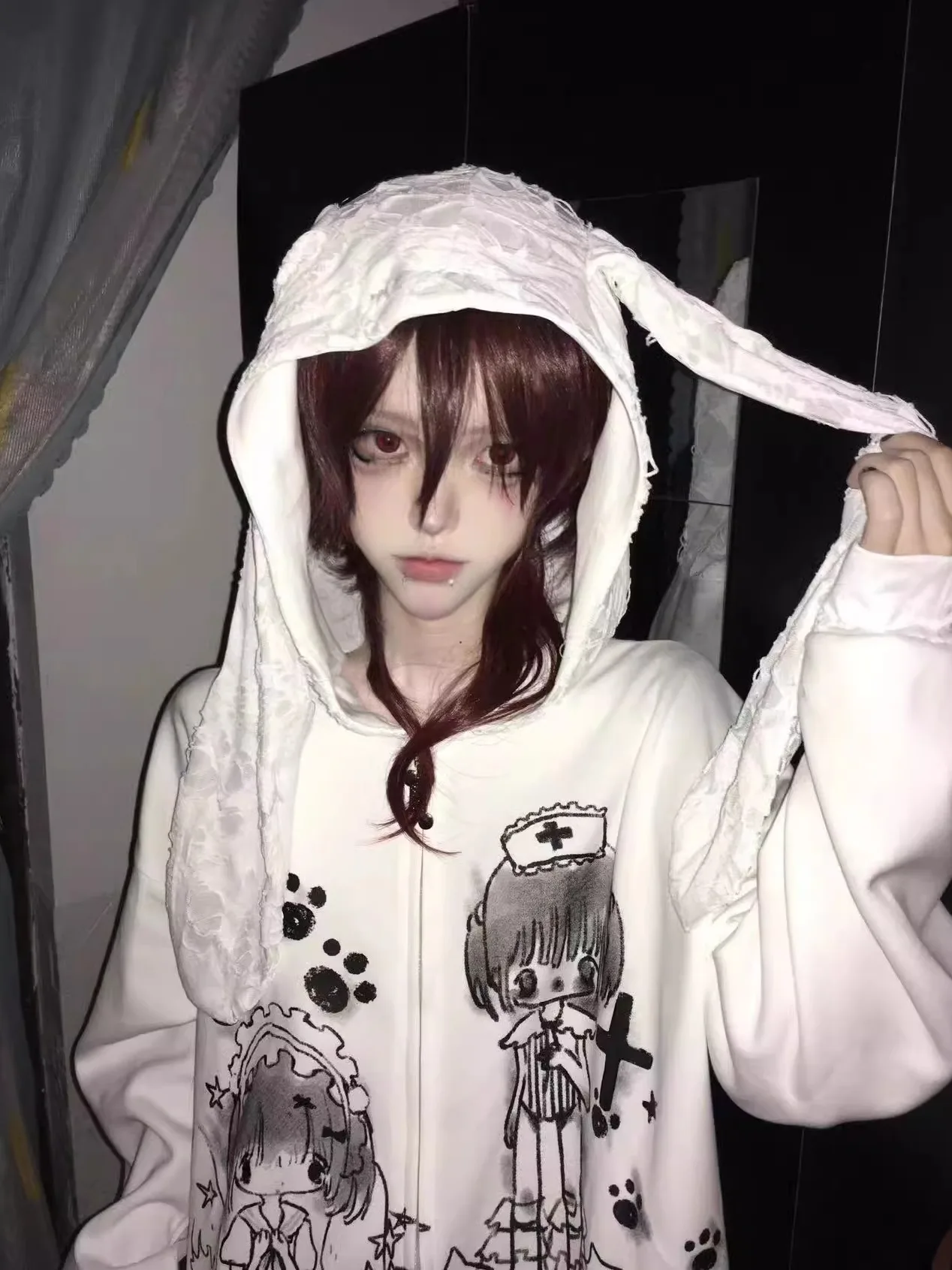 Japanese Original Lolita Two-dimensional Rabbit Ear Design Sense Ripped Hooded Sweater Y2k Subculture Cartoon Cute Coat