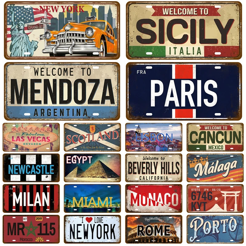 Tinplate Plate City State Tin Sign Famous City Plaque Landmark Metal Sign Wall Decor Garage Bar Pub Club Hotel Cafe Kitchen Home