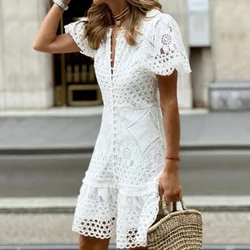 Elegant Puff Sleeve O Neck Button Mini Dress Women Fashion White Lace Patchwork Holiday Dress Office Lady Causal Short Dresses