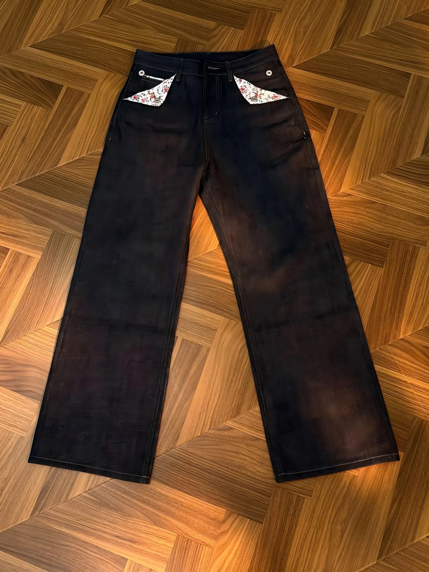 

Retro American Floral Embroidered Slim Fit Wide Leg Jeans Men Women Heavy Du Knife Straight Tube Pants Casual mid Waist