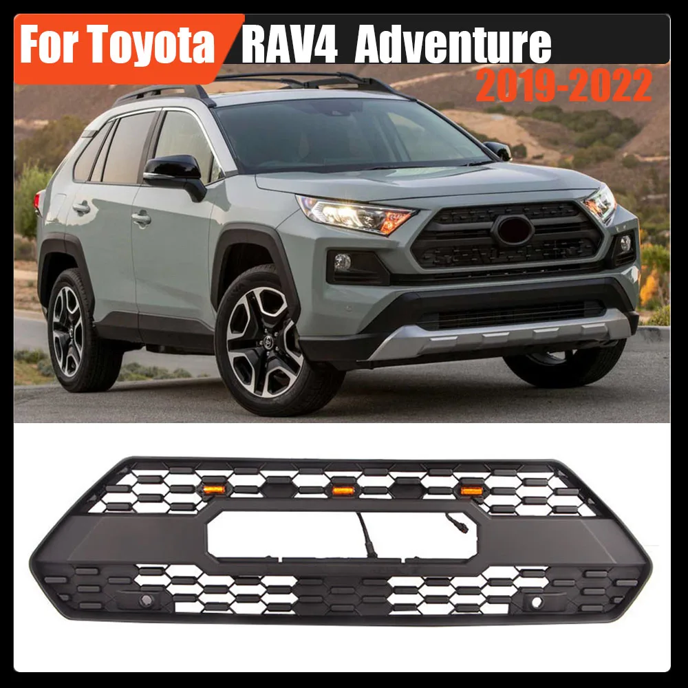 

Matte Black Front Grill Bumper Grille With Letter/LED Lights Exterior Styling Accessories For Toyota RAV4 Adventure 2019-2022