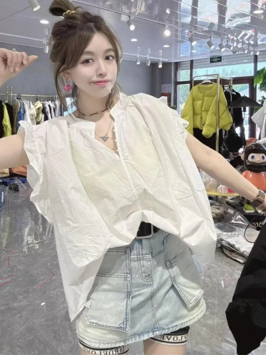 

Летняя модная свободная рубашка больших размеров с V-образным вырезом и рукавами-фонариками в гонконгском стиле, корейская версия, для повседневной носки, до 300 фунтов