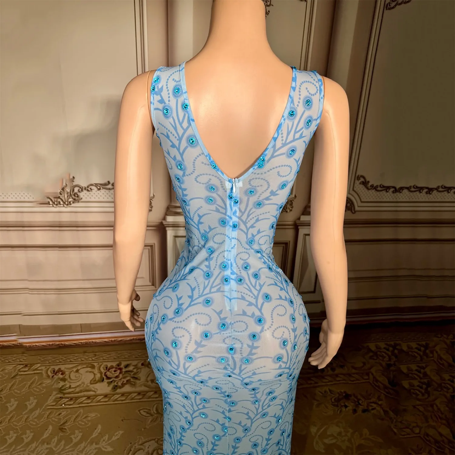 Women luxury Evening Party Prom Gowns Sky Blue Sleeveless Open Leg Printed Diamonds Mesh Long Dress Birthday Celebrity One Piece