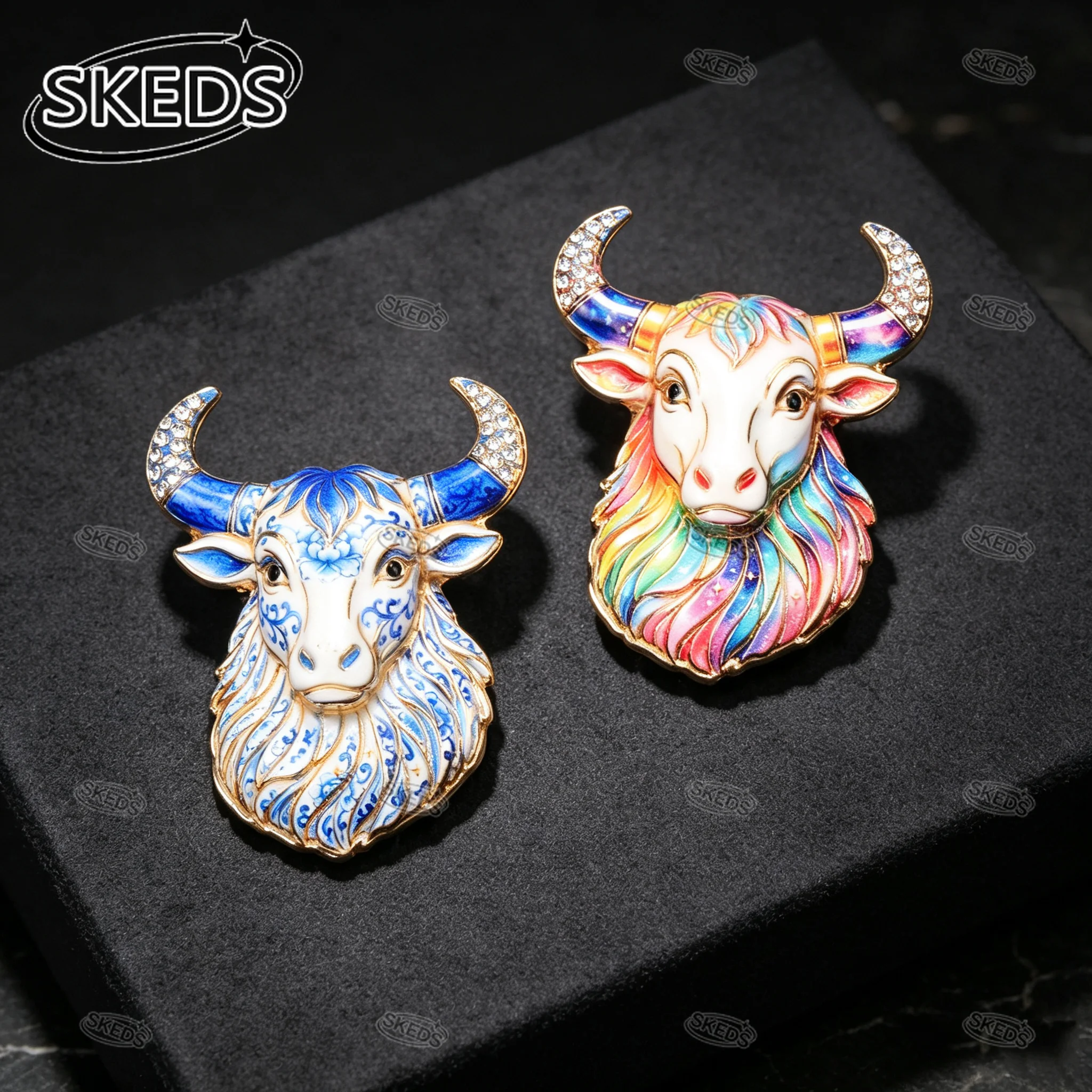 Blue and White Porcelain Style Bull Head Brooch Retro Enamel Rhinestone Taurus Zodiac Lapel Pin Animal Brooch Jewelry