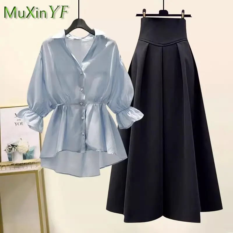 2024 Summer New Korean Elegant V-neck Sunscreen Shirt Top +High Waist Midi Skirt Two Piece Suit Women Fashion Dress Matching Set