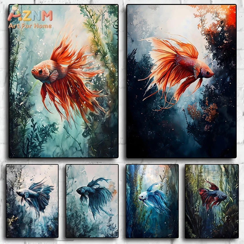 

AZNM Watercolor Betta Fish Canvas Wall Art Colorful Siamese Fighting Fish Print Underwater Home Decor