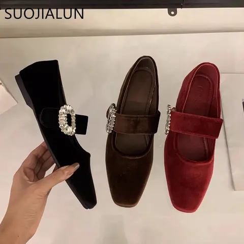 SUOJIALUN 2024 Autumn New Brand Women Flat Shoes Fashion Big Crystal Buckle Ladies Elegant Mary Jane Shoes Outdoor Single Shoes