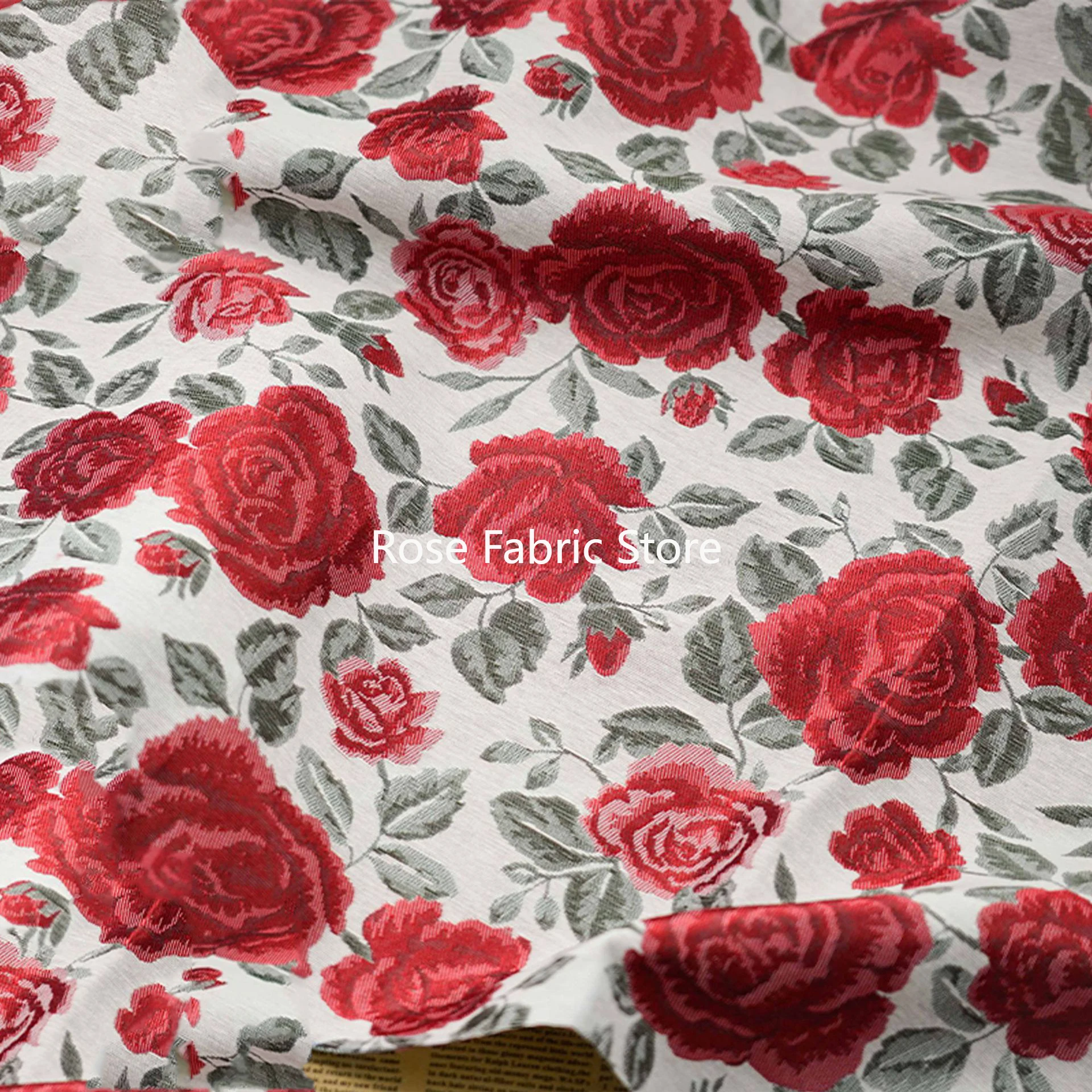 

1 meter Retro Red Rose Jacquard Fabric Elegant Dress Skirt Tablecloth Luggage Bag Decorative Sewing Fabric