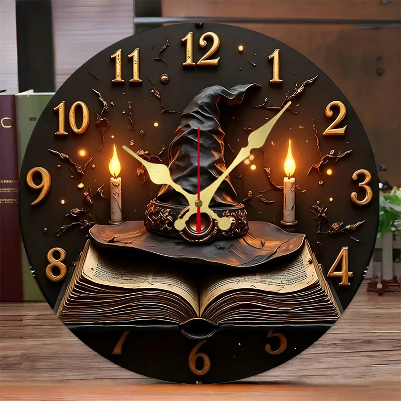 Wizard Hat & Books Wooden Round Silent Hanging Wall Clock, Suitable For Living Room, Office, Study Room,Bedroom, Home Decoration
