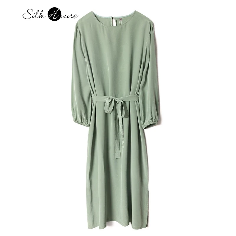 

2026 Women's Spring Clothing Versatile Breathable 100% Natural Mulberry Silk Crepe De Chine Round Neck Long Sleeve Dress