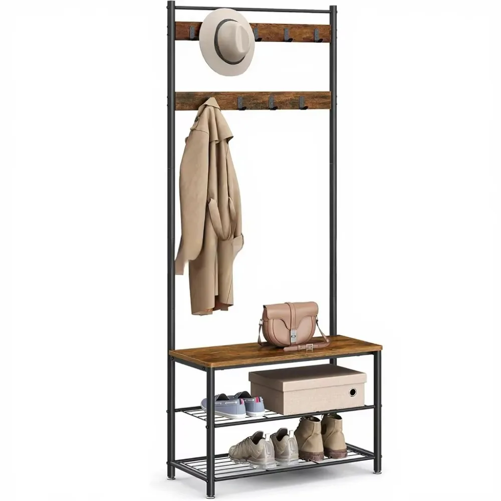 Cross-border Standing 3-Layer Metal Storage Rack with Shoe Bench Hooks Side Shelf Entryway Living Room Coat Rack Hanging Clothes
