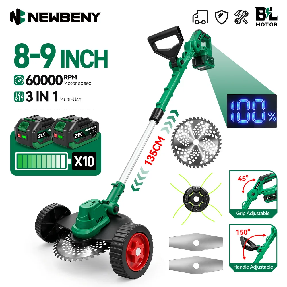 NEWBENY Bürstenloser Rasentrimmer, wiederaufladbarer, kabelloser, elektrischer Rasenmäher, teleskopisch, faltbar, Unkrautentferner, mehrfach winkelverstellbarer Gartenschneider für Makita 21V Akku