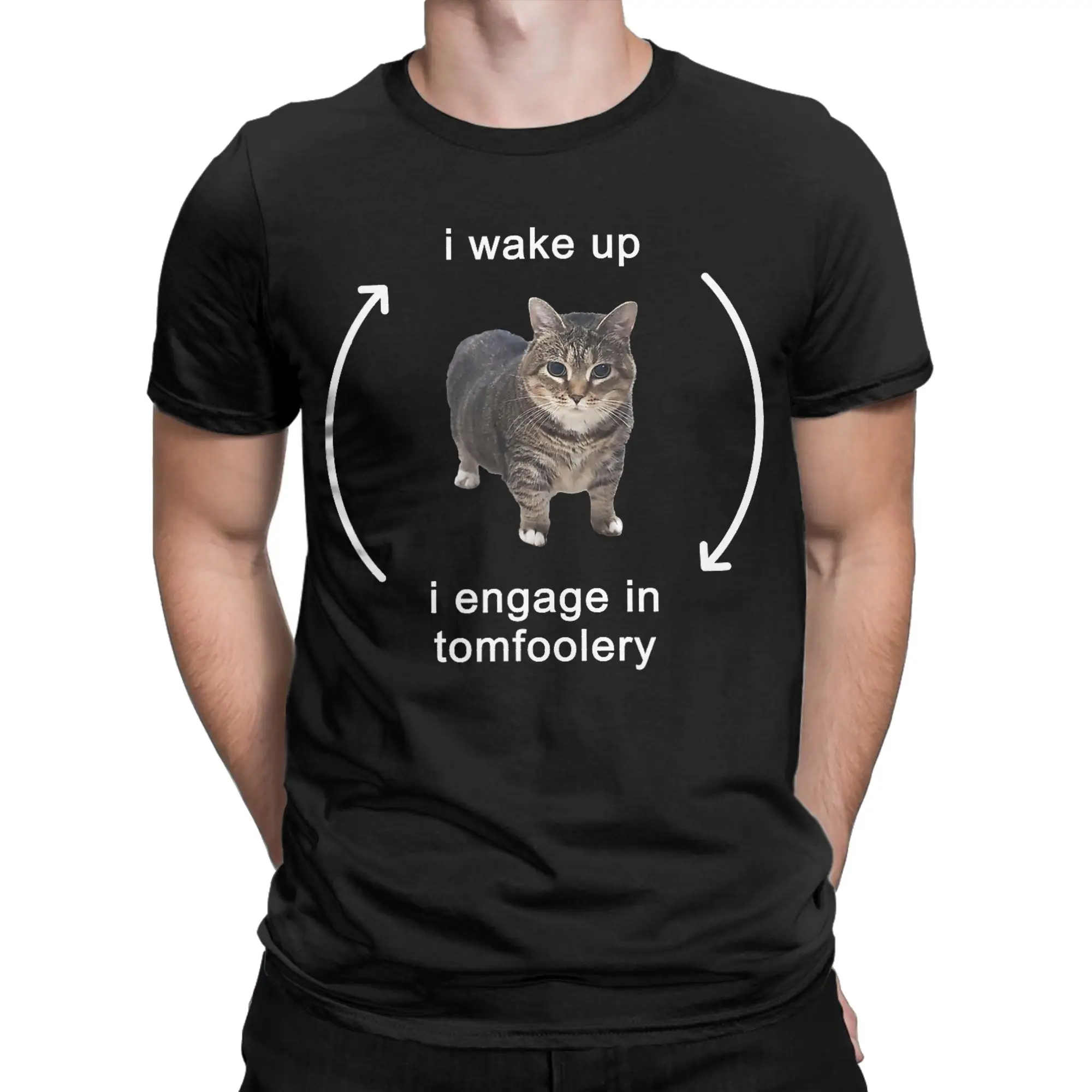 I Wake Up I Engage in Tomfoolery Silly Cat Meme T-Shirt Men O Neck Pure Cotton T Shirts Short Sleeve Tee Shirt Printing Clothing