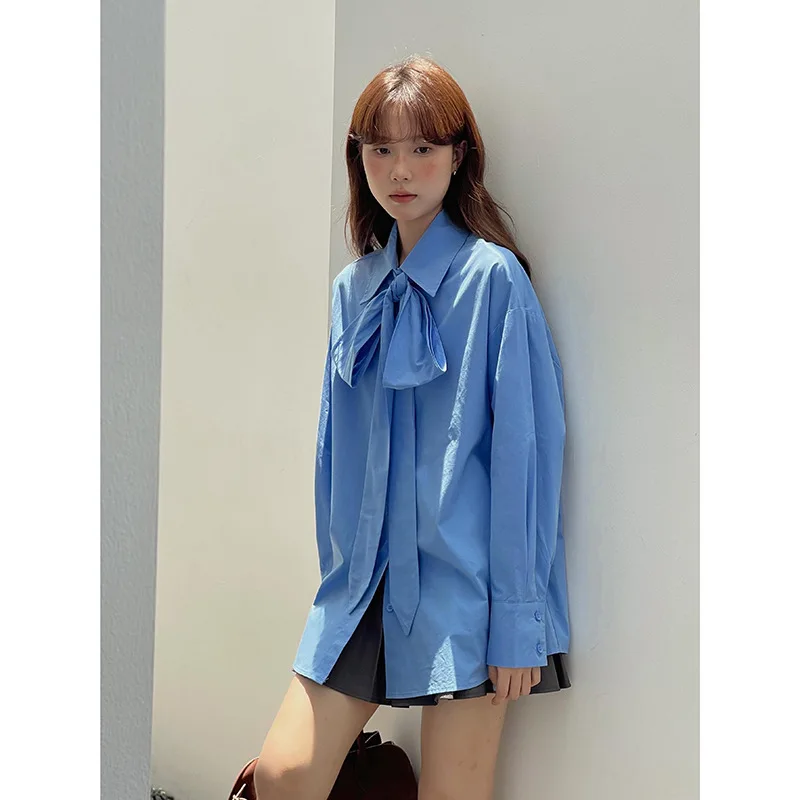 

[Favorite Retro Miu Blue] Design Inspired Bow Tie Tied Shirt for Women's Autumn New Top