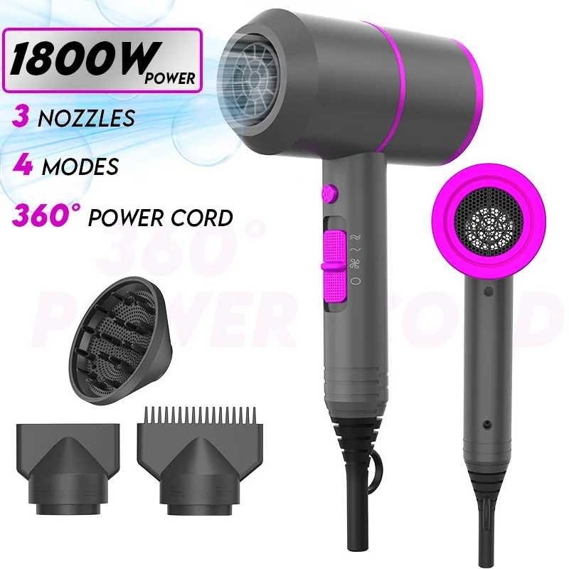 Electric Ionic Hair Dryer Fast Drying Low Noise High Speed 1800W 4 Modes Professional 3in1 Blow Hair Dryer With Diffused Nozzle