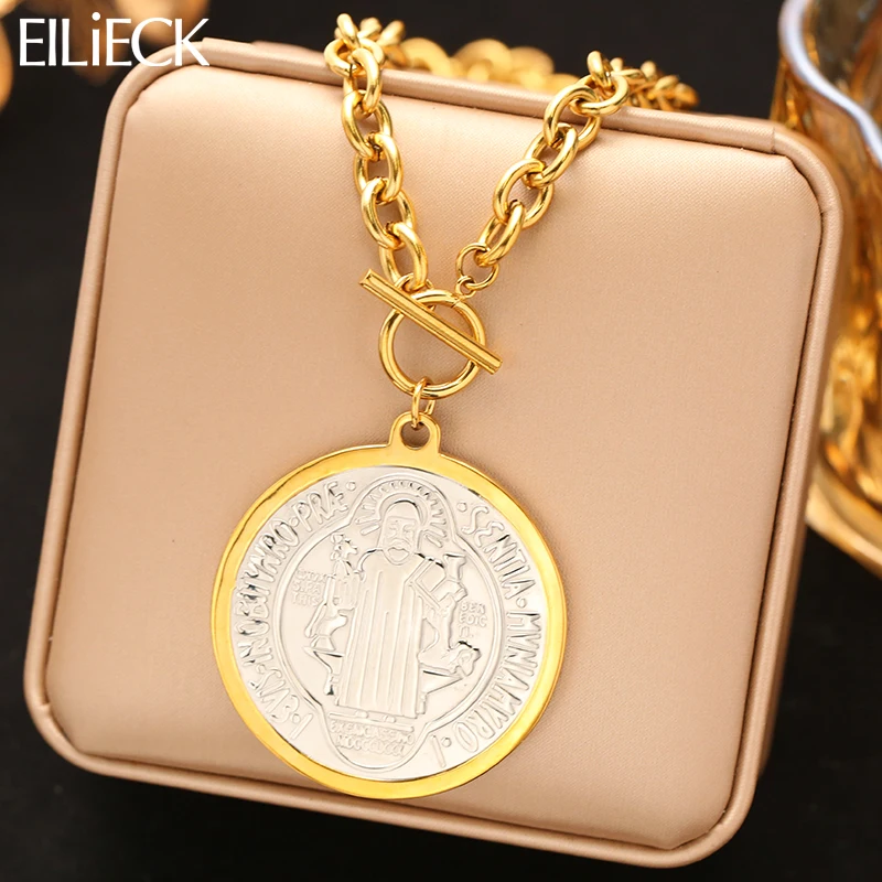 

EILIECK 316L Stainless Steel Metal Round Medal Pendant Necklace for Women Daily Wear Trendy Waterproof Neck Chain Jewelry Gift