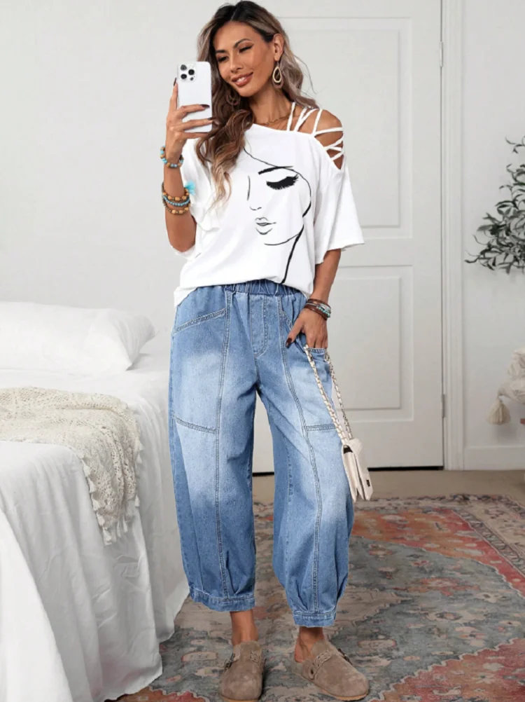 

Женские джинсовые брюки-морковки свободного кроя больших размеров — повседневный шикарный стиль