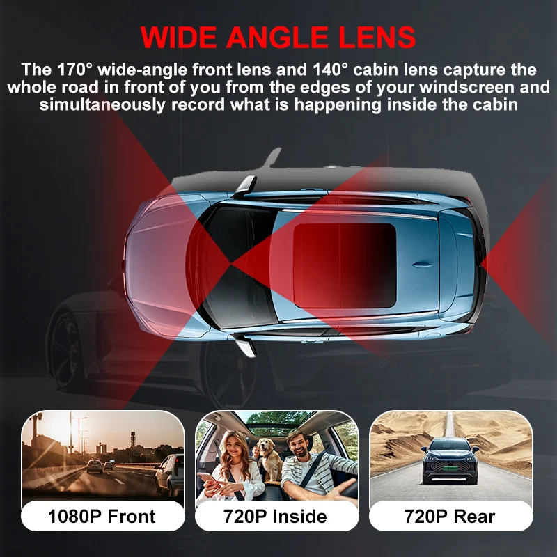 3-Channel Dash Cam 3.16 Inch Screen 1080P HD IR Night Vision Wide Angle Loop Recording Car DVR Recorder