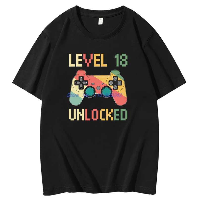 Level 18 Complete Funny 18th Gamer Birthday Gift Graphic T Shirts Cotton New Shirts And T-Shirts Unisex Round Neck T-Shirt