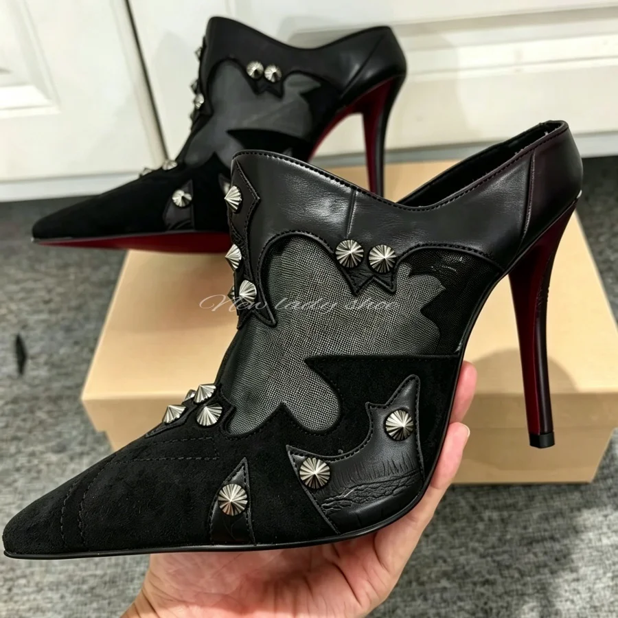 

Women Pointed Toe Mesh Hollow Out Mules Patchwork Spiked Rivet Decor Stiletto High Heel Slip On Shoes Trendy Dress Slippers