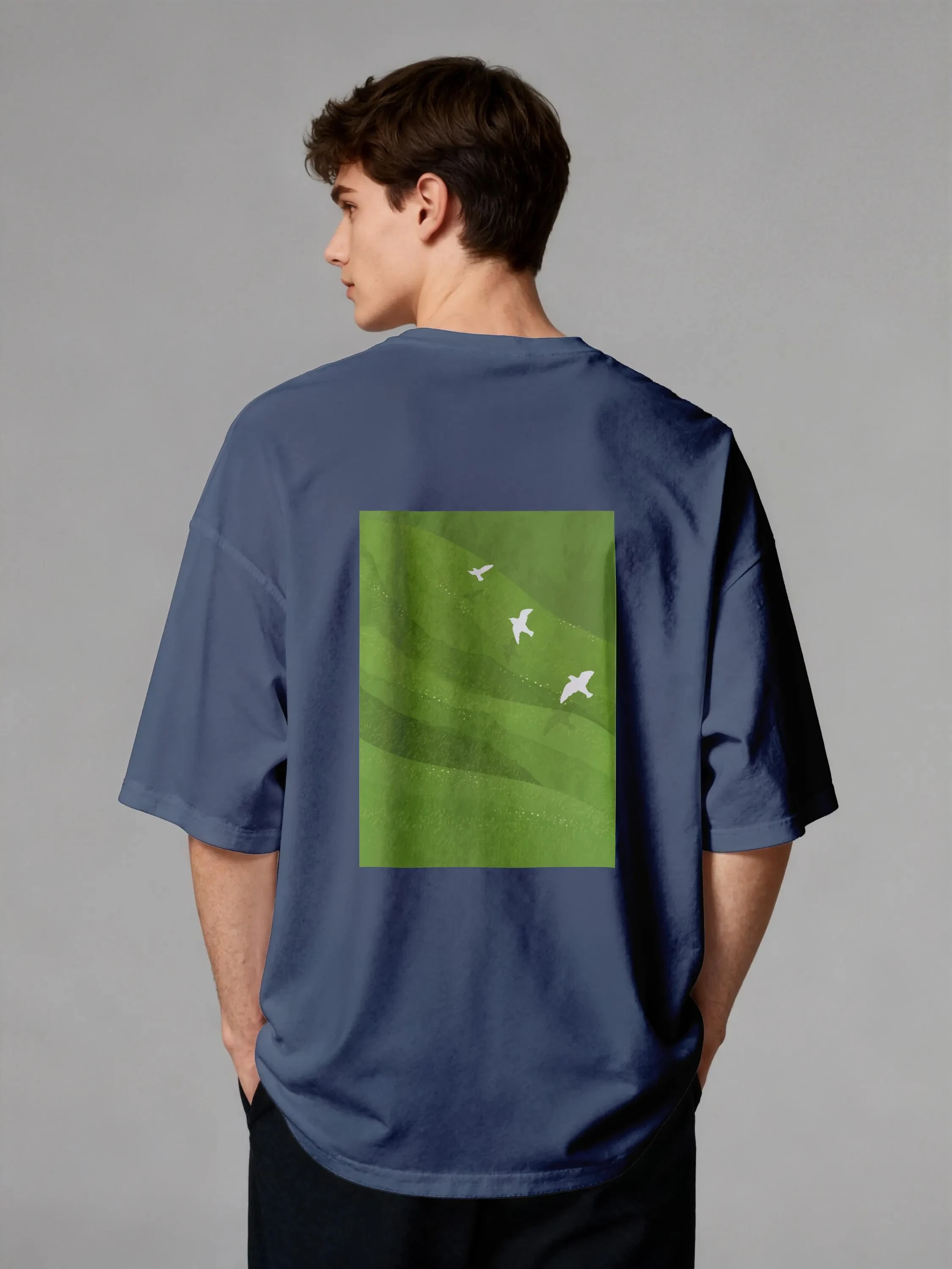 Summer Men's High-Quality T-Shirt - Fashion Trend Casual Comfort White Birds on Green Rectangle T-Shirt | Minimal Nature Graphic