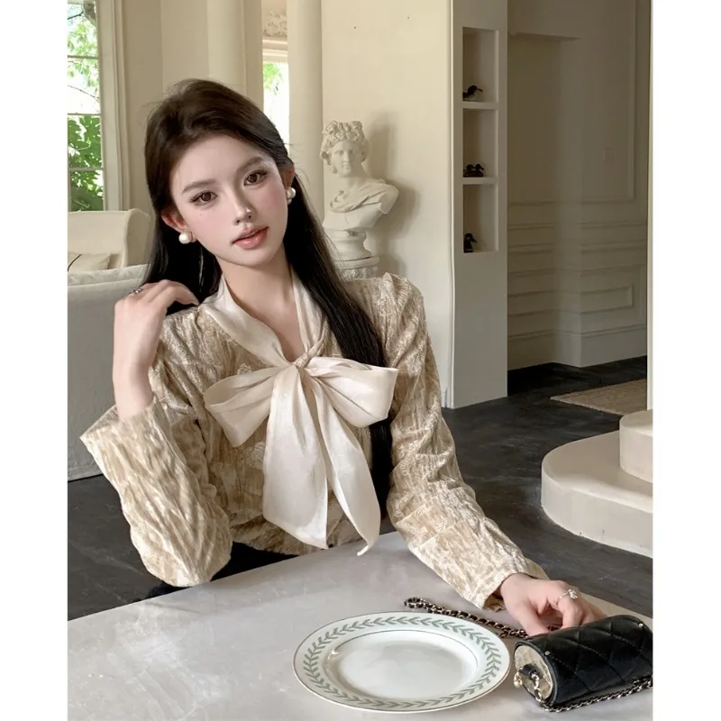 

Лоскутные корейские футболки со шнуровкой и бантом, однотонные универсальные молодежные модные пуловеры, топ, осенний новый тренд, элегантная женская одежда TT366