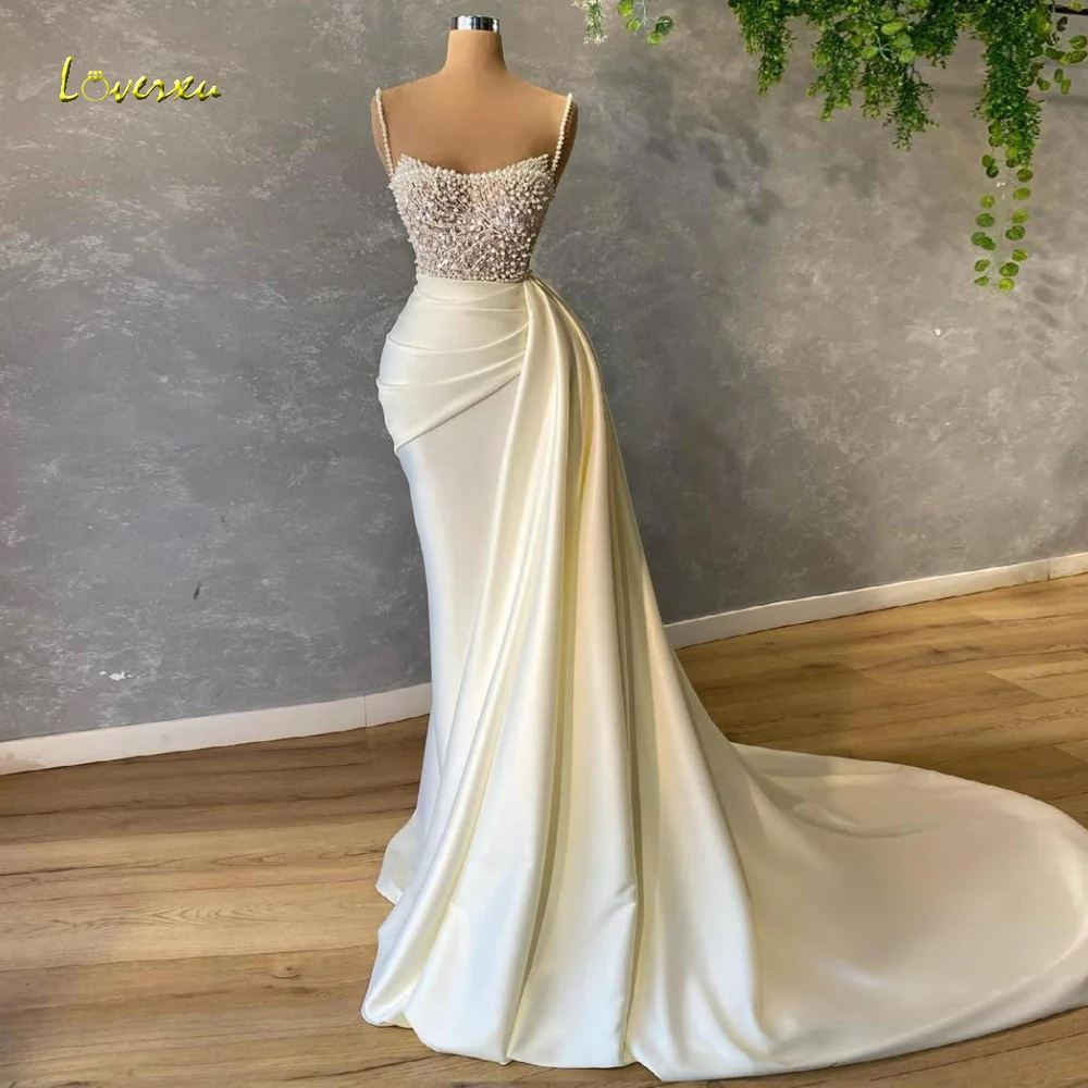 Loverxu Mermaid Matte Satin Wedding Dresses Sweetheart Spaghetti Straps Vestido De Novia Beaded Pearls Custom Made Bridal Gown