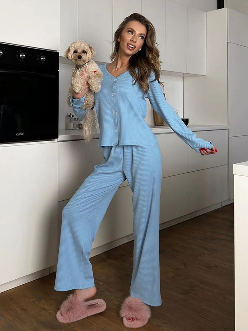 

Marthaqiqi Knitted Loose Ladies Pajama Suit Sexy Neck Sleepwear Long Sleeve Nightgowns Pants Casual Female Nightwear 2 Piece Set