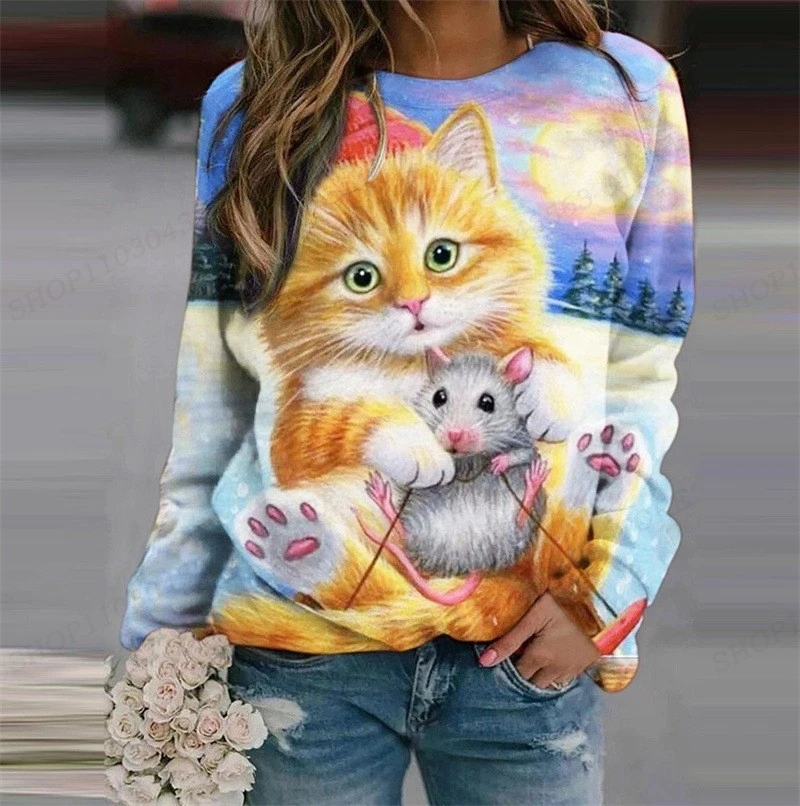 Cat Print Hoodie Women\'s Hoodies Animal Sweatshirts Harajuku Hoodie Autumn Winter Coats Pullovers Women\'s Clothing Kawaii y2k