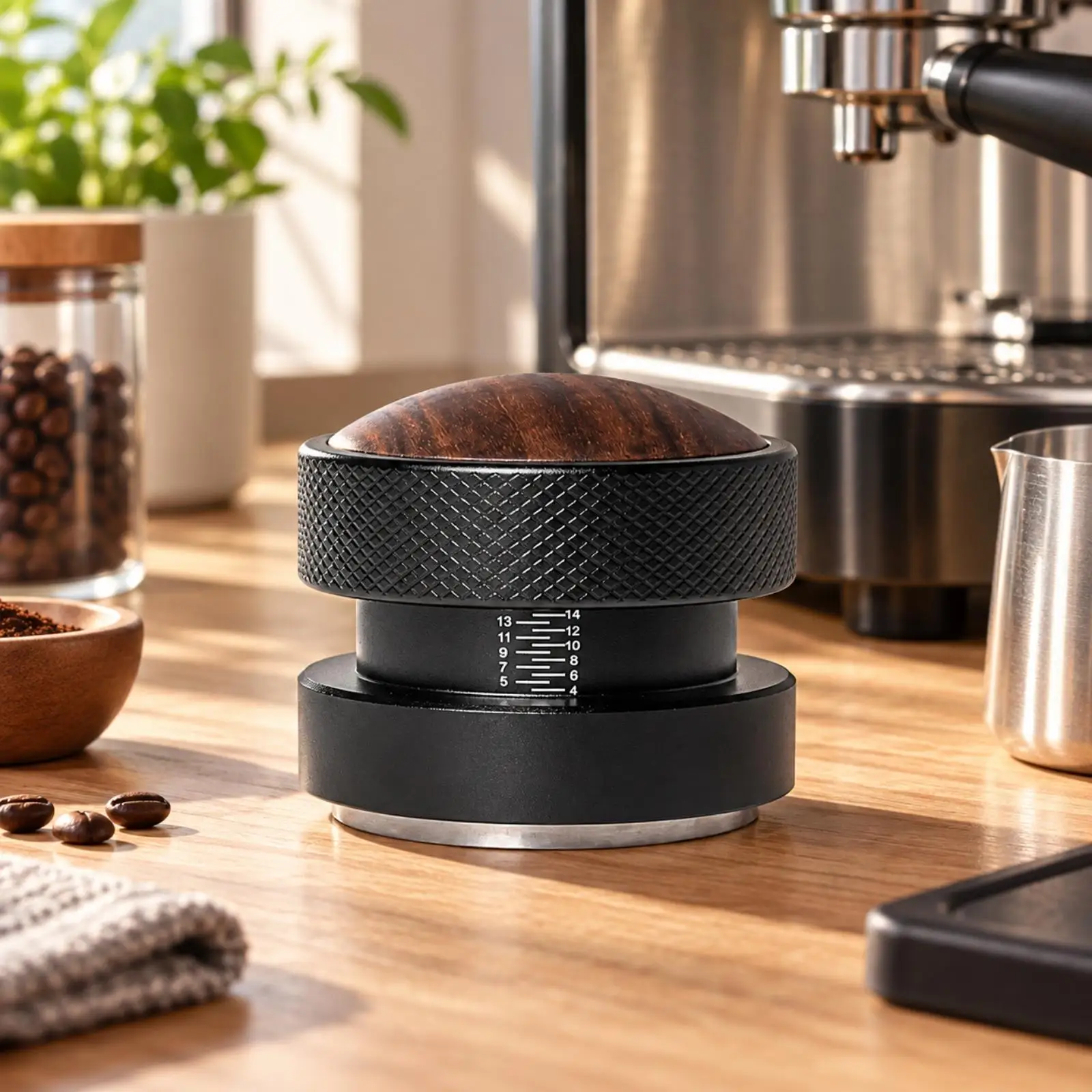 51mm Espresso Coffee Distributor Tamper with Solid Wood Top and Stainless Steel Body for Uniform Extraction