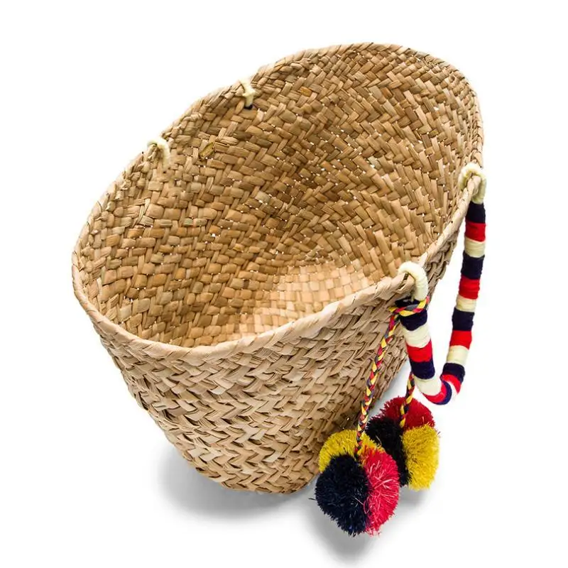 Summer Handmade Colorful Ball Wicker Woven Women Handbags Casual Large Rattan Basket Bags Beach Straw Bag Big Bucket Tote Purses