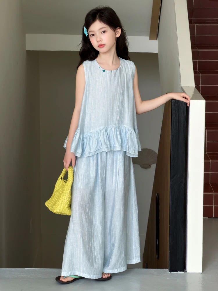 sweet-summer-girl's-outfit-with-ruffle-sleeveless-top-and-wide-leg-pants-korean-style-children's-clothing-set-for-girls