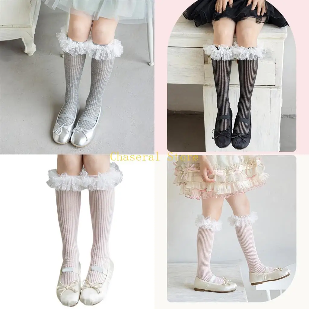 

E7CE Classical Sweet Inspired Cotton Stockings Girls 3-13 Years Children's Knee length Socks for Elegant Wedding Accessories