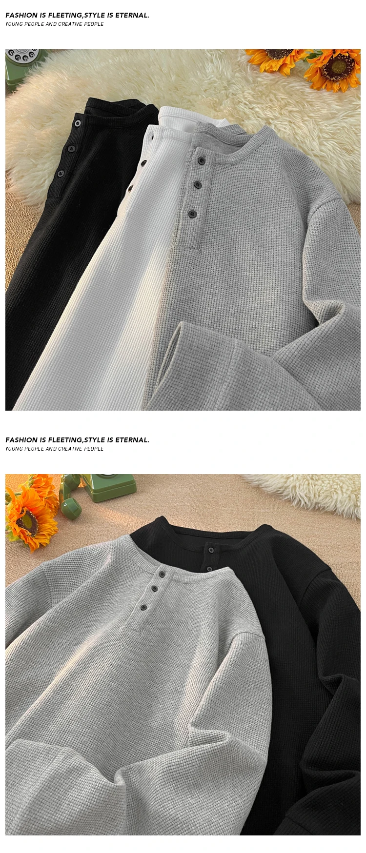 Lässiges Henley-Shirt mit Rundhalsausschnitt und langen Ärmeln für Herren, Waffelstrick, Knopfleiste vorne, entspannte Silhouette, urbanes Alltagsoutfit für Spaziergänge. – Detail 5
