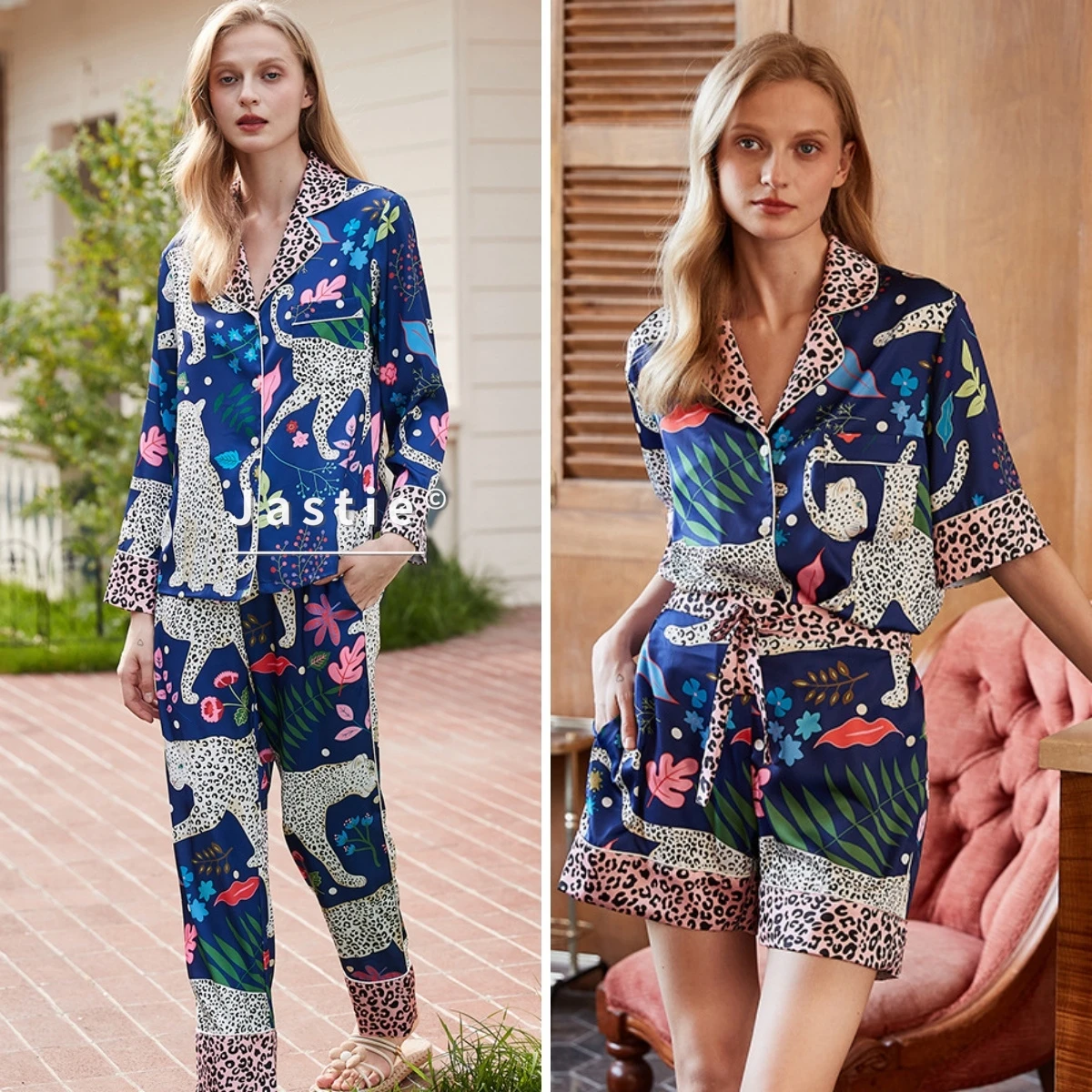 

Комплект женской роскошной домашней одежды из ледяного шелка с цветочным принтом «Синий леопард», с отложным воротником, для сна и отдыха, пижамный костюм из двух предметов, 2026