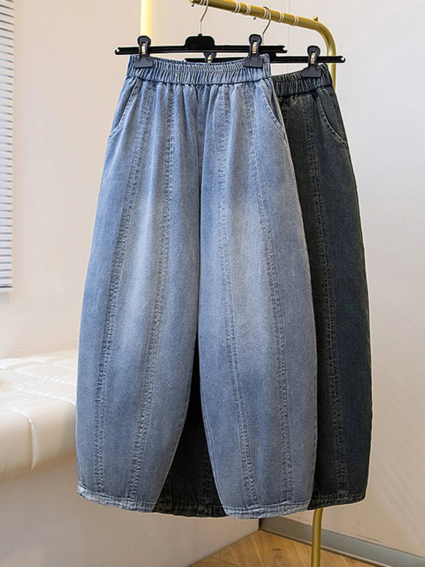 Retro Blue Denim Curved Knife Pants Women's Spring Autumn New Large Size Fat MM Slim High Waist Casual Nine Point Banana Pants