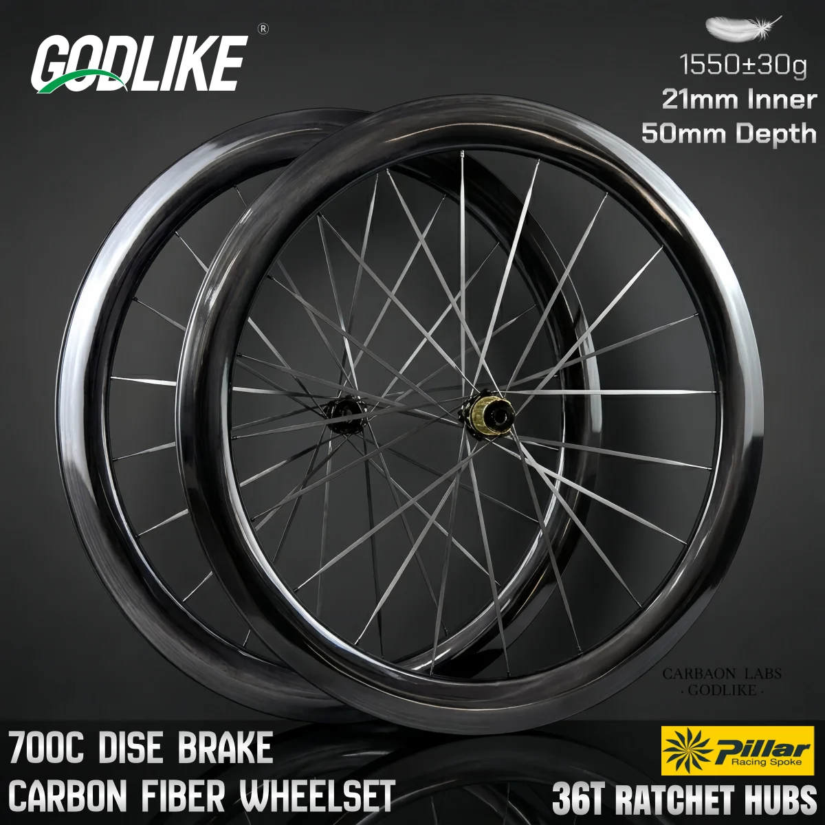 

GODLIKE Light 700C Road Disc Brake Carbon Wheelset 50mm Depth 21mm Inner Width 36T Ratchet Hubs Clincher Tubeless Compatible
