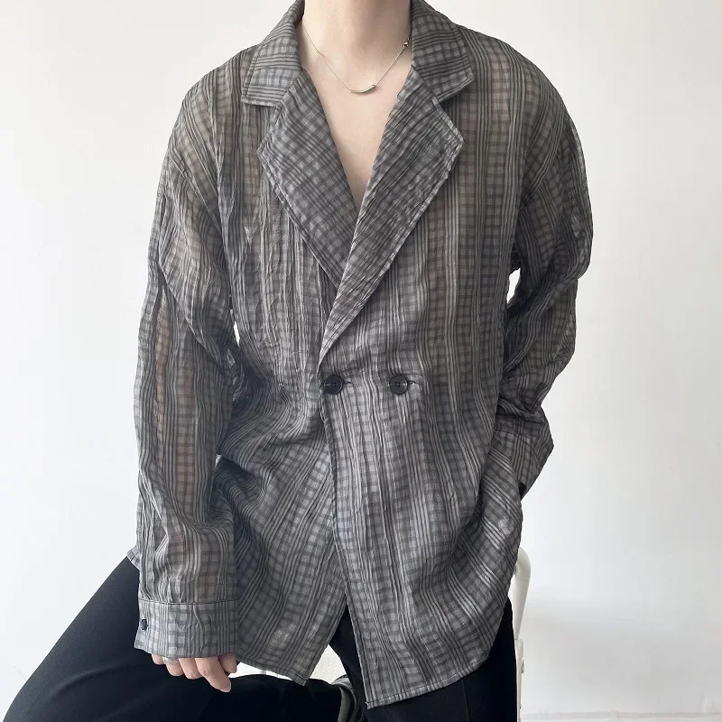 Mens Trendy Personality Pleated Lapel Shirt Spring and Summer New Solid Color Translucent Jacket Thin Section Abstinence Top Men