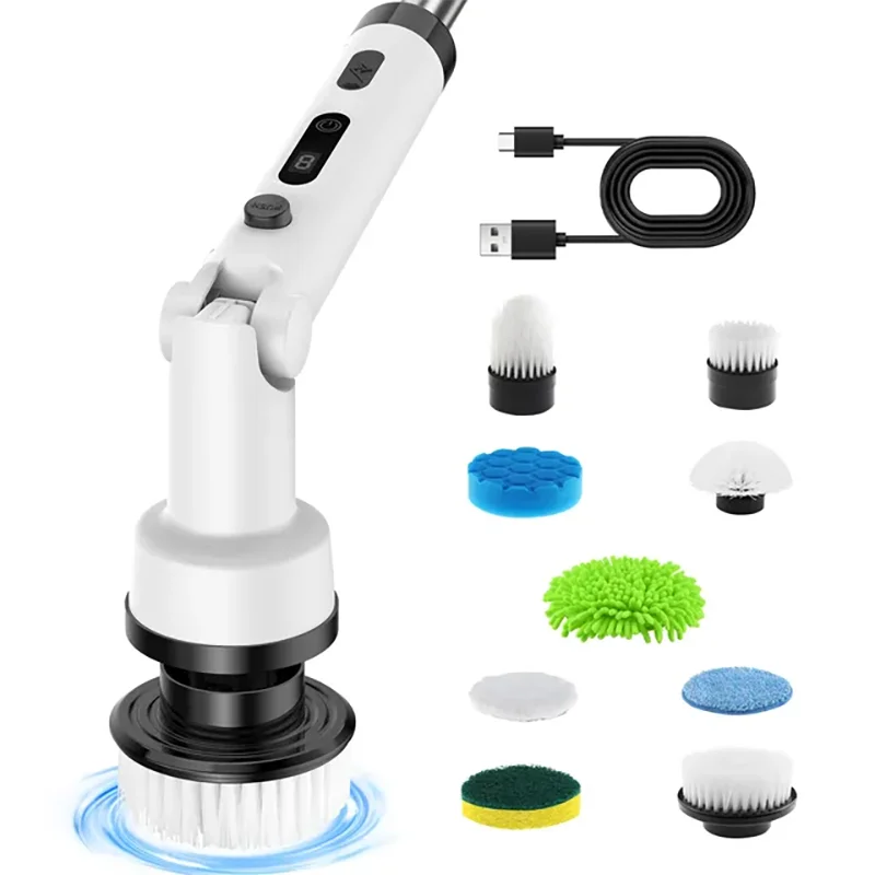 Electric Cleaning Brush Cordless Long Handle with 9 Heads 2 Speeds Foldable Rotating Household Bathroom Kitchen Windows Toilet