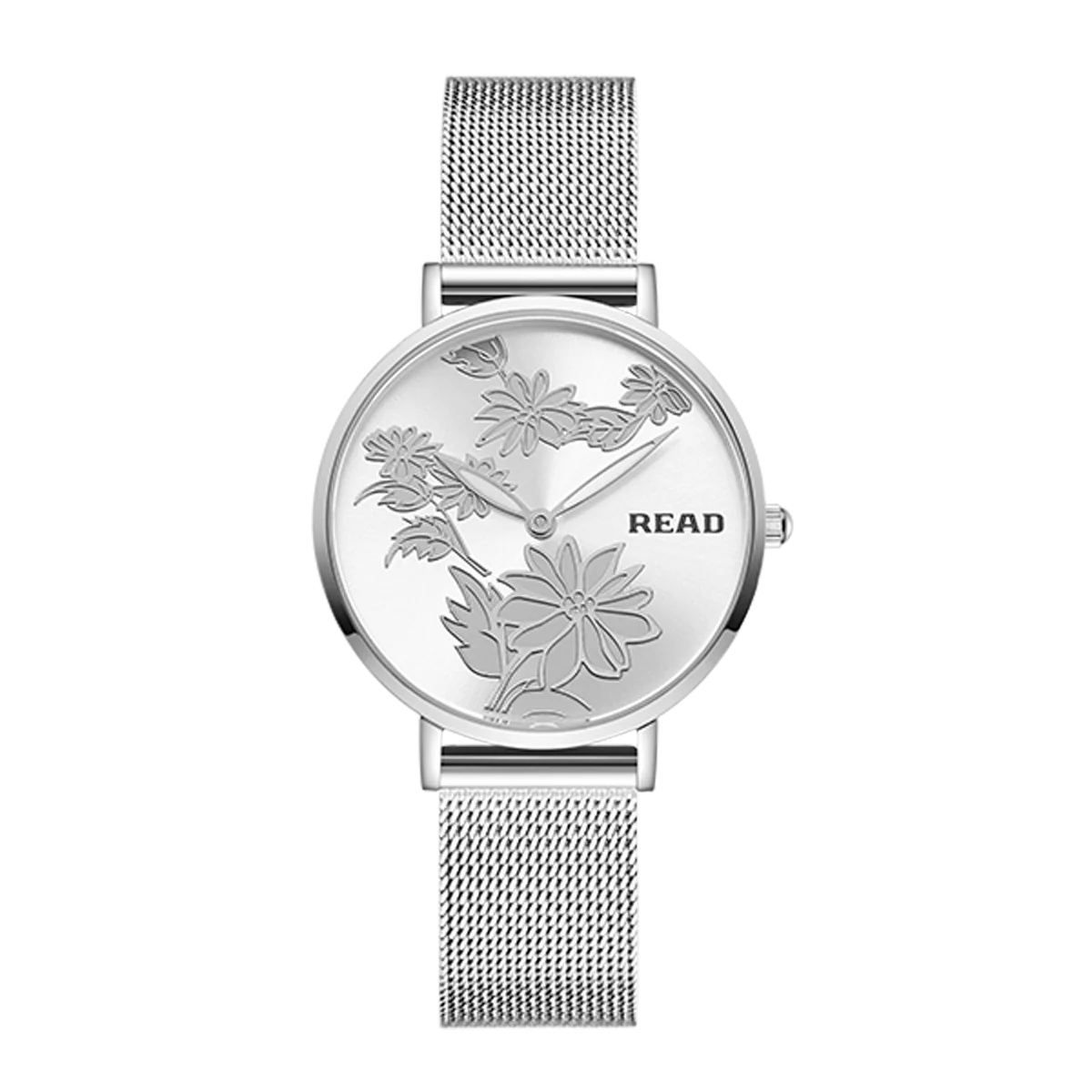 READ Women Quartz Watch | Floral Embossed Dial | Stainless Steel Mesh Band | 30M Water Resistant Ladies Dress Wrist Watch
